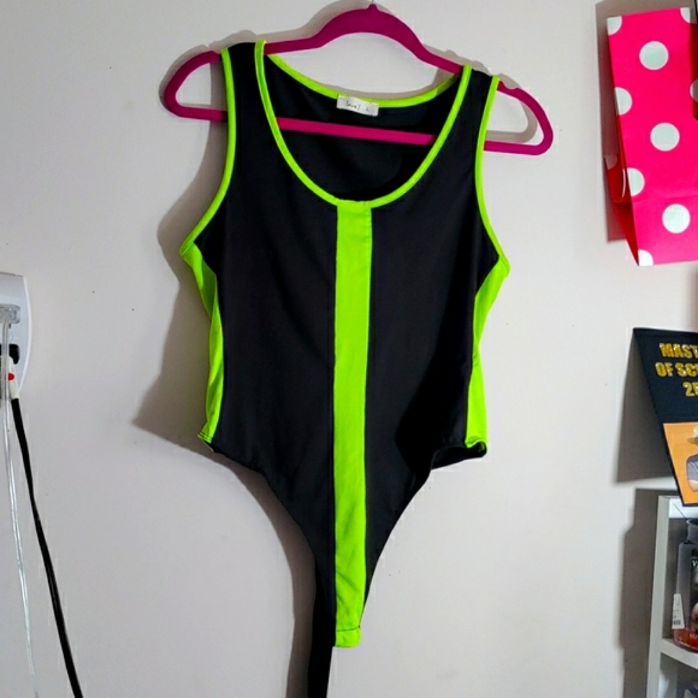 *HOT* Spandex Body Suit; Neon and Black; Back is solid black.